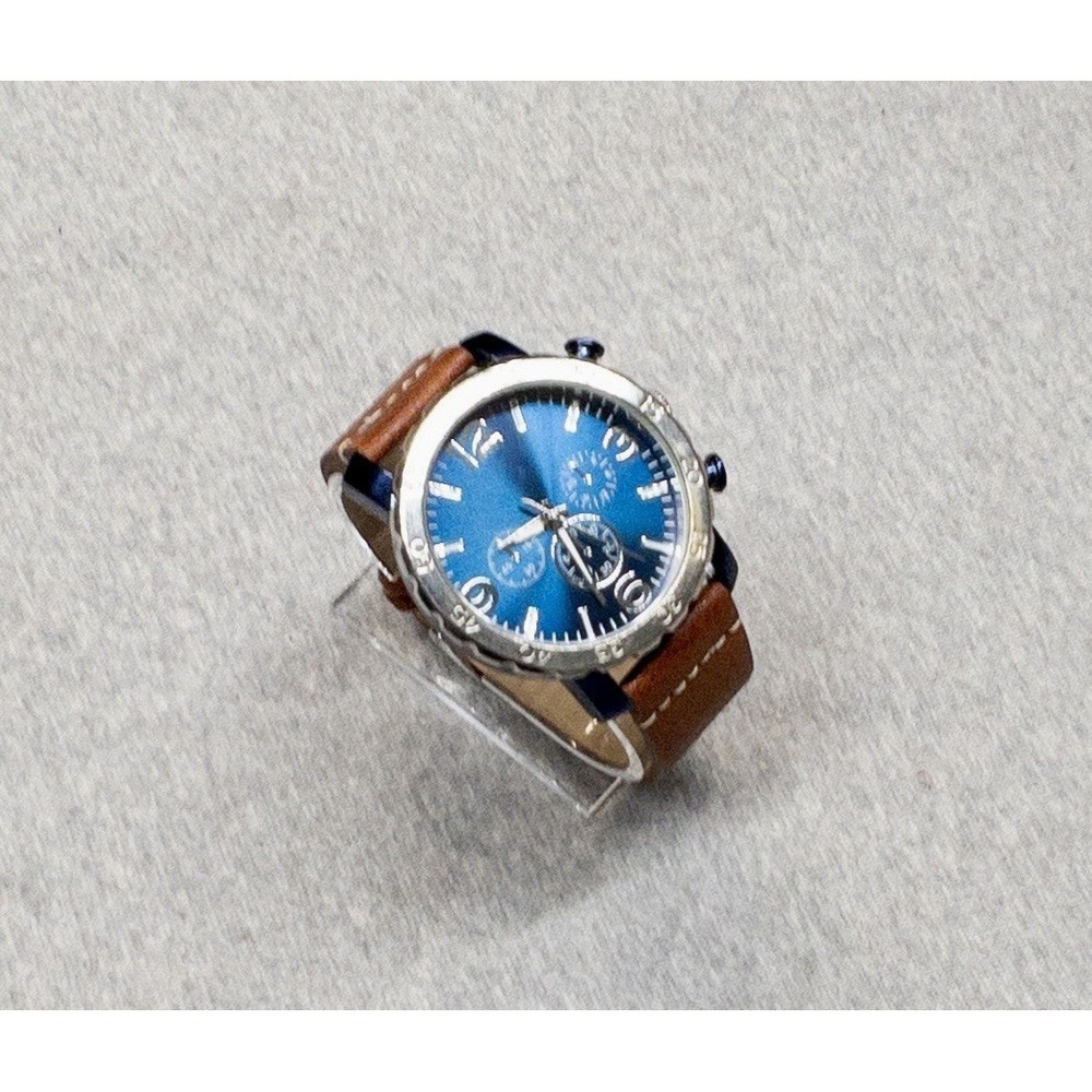 Folio 46mm Blue Silver Tone Watch Brown Leather Band New Battery Chrono Style
